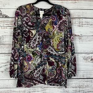 Womens Chicos Black Purple Paisley Ruffle V Neck Blouse Stretch Career Size XL P